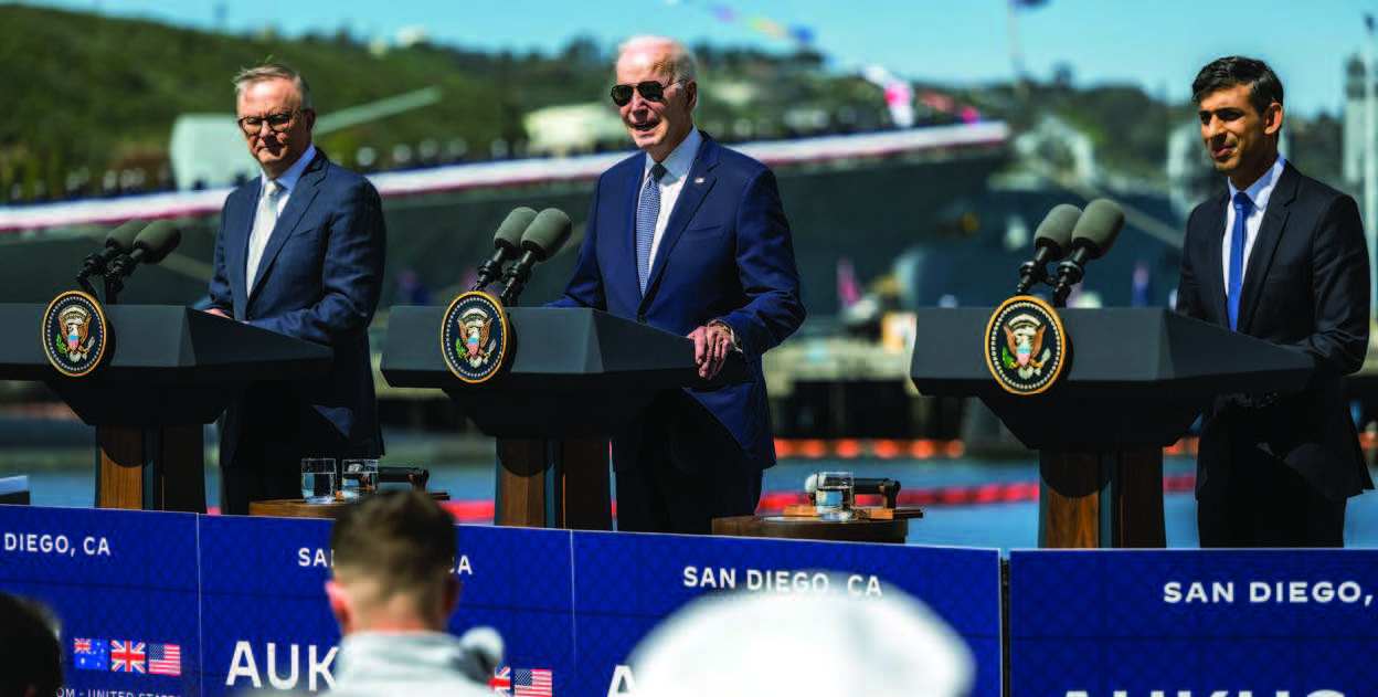 Australian Prime Minister Anthony Albanese, left, U.S. President Joe Biden, and British Prime Minister Rishi Sunak, speak about expanding nuclearpowered submarine fleets during AUKUS trilateral security pact meeting in San Diego, California, March 13, 2023 (DOD/Chad J. McNeeley)